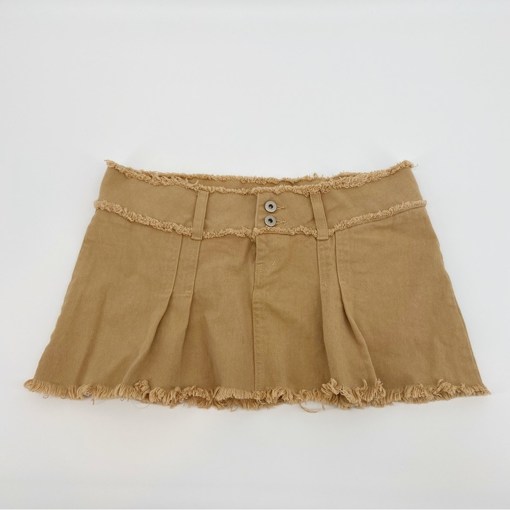 I.AM.GIA Skylar Raw Hem Pleated Accent Tan Micro Mini Skirt Size Large READ FLAW